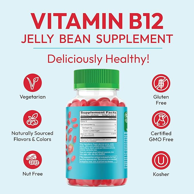 Methylated Vitamin B12, Jelly Bean Gummies for Adults, Brain Health and Energy Booster, Healthy Hair, Skin, and Nails, Nutritional Vegetarian Supplements, 120 Jelly Beans