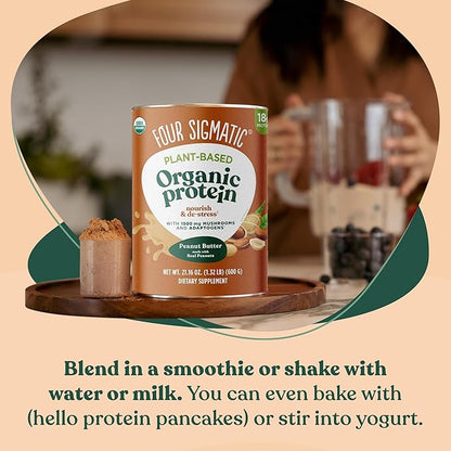 Four Sigmatic Organic Plant-Based Protein Powder Peanut Butter Protein with Lion’s Mane, Chaga, Cordyceps and More | Clean Vegan Protein Elevated for Brain Function and Immune Support | 21.16 oz