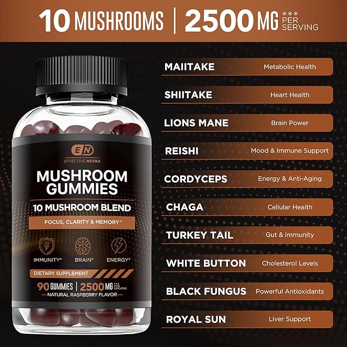 Mushroom Gummies 10 Blend - Mushroom Complex 2500mg - Brain Booster, Immune Support, Energy - Mushroom Supplement for Men & Women (90ct)