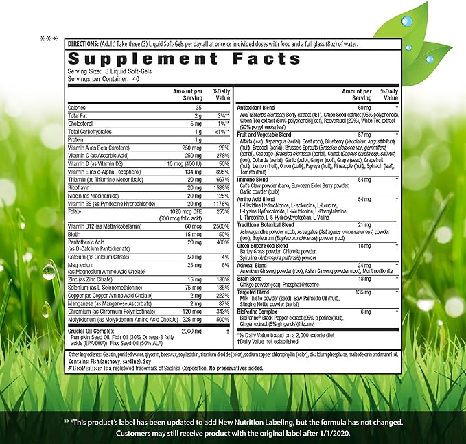 Irwin Naturals Men's Living Green Liquid-Gel Multi - 70 Essential Nutrients, Full-Spectrum Vitamins, Wholefood Blend - Targeted Adrenal & Brain Support - 120 Liquid Softgels