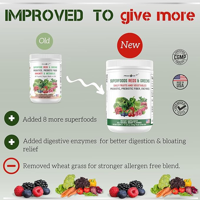 Superfood Reds & Greens Powder - 11.64 oz, Prebiotics & Probiotics for Digestive Health, Super Greens Powder with Ashwagandha for Gut Health, Immunity, Antioxidants, Vegan, Non-GMO
