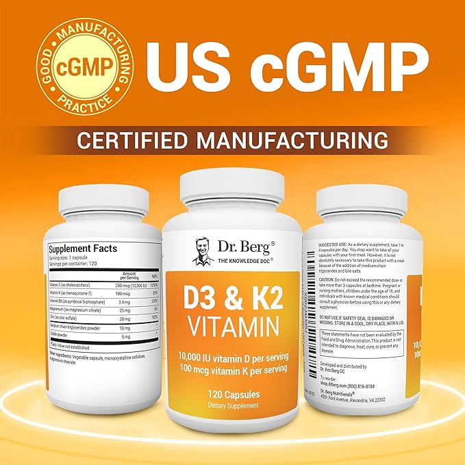 Dr. Berg Vitamin D3 K2 w/MCT Powder - Includes 10,000 IU of Vitamin D3, 100 mcg MK7 Vitamin K2, Purified Bile Salts, Zinc & Magnesium for Ultimate Absorption - K2 D3 Vitamin Supplement - 120 Capsule