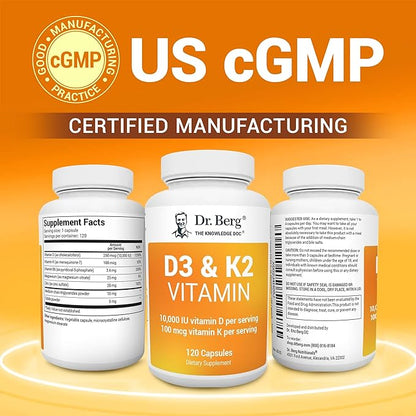 Dr. Berg Vitamin D3 K2 w/MCT Powder - Includes 10,000 IU of Vitamin D3, 100 mcg MK7 Vitamin K2, Purified Bile Salts, Zinc & Magnesium for Ultimate Absorption - K2 D3 Vitamin Supplement - 120 Capsule