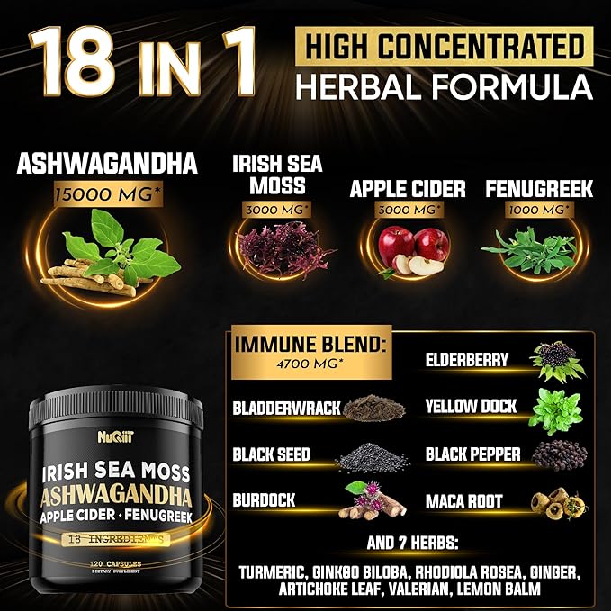 Organic Ashwangdha Capsules 15000mg Irish Sea Moss 3000mg Apple Cider Vinegar 3000mg & More - Support Brain Health, Strength & Immune System - 120 Vegan Capsules