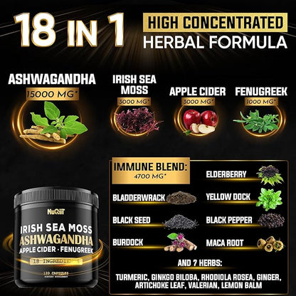Organic Ashwangdha Capsules 15000mg Irish Sea Moss 3000mg Apple Cider Vinegar 3000mg & More - Support Brain Health, Strength & Immune System - 120 Vegan Capsules