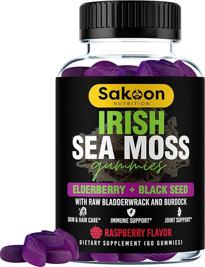 Sakoon nutrition Irish Sea Moss Gummies w/Elderberry & Black Seed Oil - Beauty, Joints & Immune Support | Rich in Vitamins, Raspberry Flavor | 60 Gummies
