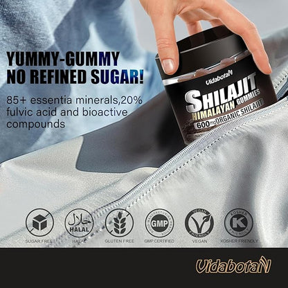 Shilajit Gummies 600 MG, 85+ Trace Minerals, Fulvic Acid, Pure Shilajit with Ashwagnadha, Black Seed Oil for Men & Women, Sugar Free, Lemon Flavor, 90 Gummies