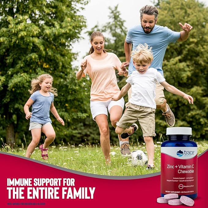 Trace Minerals Zinc Plus Vitamin C - Chewable Multivitamin for Enzyme Function & Healthy Growth Support - Vitamin & Mineral Supplement for Immune Health - Raspberry, 60 Chewable Wafers (60 Servings)