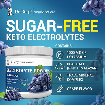 Dr. Berg Zero Sugar Hydration Keto Electrolyte Powder - Enhanced w/ 1000 mg of Potassium & Real Pink Himalayan Salt (NOT Table Salt) - Grape Flavor Hydration Drink Mix Supplement - 50 Servings