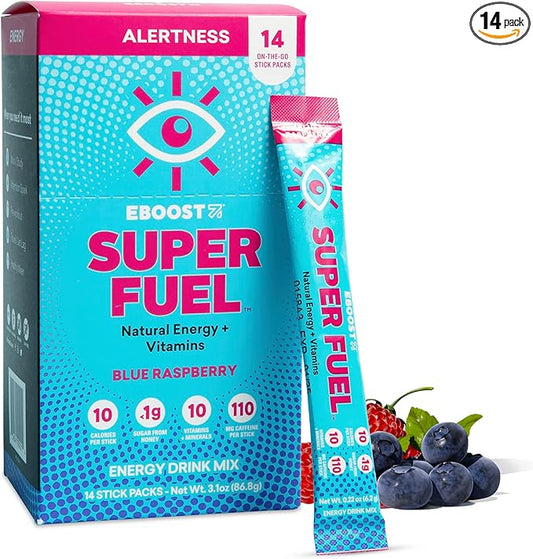 EBOOST Energy Drink Powder, Super Fuel - Blue Raspberry, 14 Packets - Pre-Workout Powder Energy Drink Mix - Natural Energy, L-Tyrosine, L-Theanine & Vitamins - Preworkout for Women & Men to Go