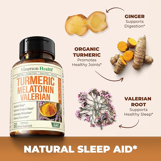 Turmeric, Melatonin & Valerian Root Sleep Aid Supplement. Natural Sleep Aid for Adults with L-Theanine, Ginger & Black Pepper Extract. Melatonin 3mg, Valerian Root Capsules. Relaxation & Sleep Support