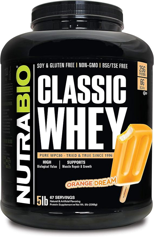 NutraBio Classic Whey Protein Powder- 25G of Protein Per Scoop - Full-Spectrum Amino Acid Profile - No Fillers, Artificial Colors, Preservatives - Orange Dream, 5 Pounds