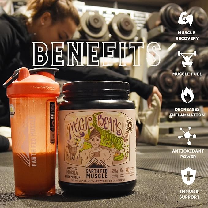 Earth Fed Muscle Magic Beans Mocha Truly Grass Fed Whey Protein Isolate Powder - Non GMO, Hormone Free, Soy Free, Gluten Free, Keto - 2lb, 31 Servings