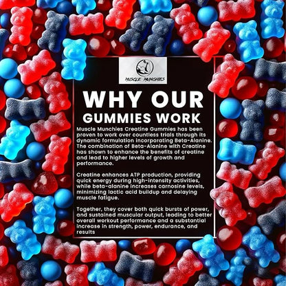 Muscle Munchies Creatine Chewable Gummies for Men & Women-Infused with Beta Alanine-5g of Creatine Per Serving-Increases Strength, Muscle Growth, Endurance, & Recovery-Vegan, NonGMO (Strawberry Burst)