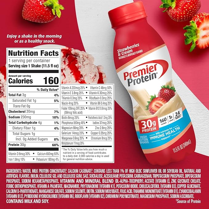 Premier Protein Liquid Protein Shake -24 Vitamins & Minerals/Nutrients to Support Immune Health, Strawberries, 11.5 Fl Oz Bottle (Pack of 12)