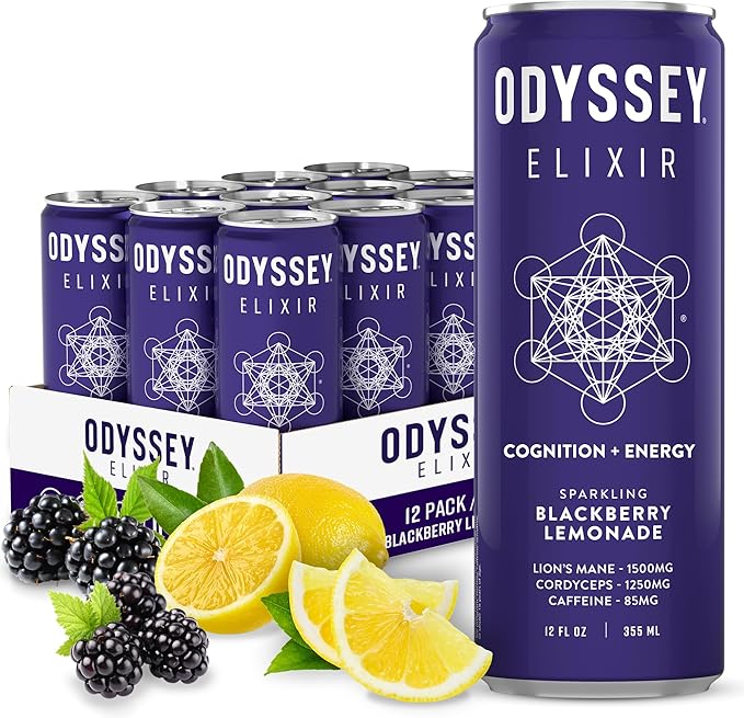 Odyssey Elixir Functional Beverage - Adaptogen Drink with Lions Mane, Cordyceps, L Theanine & Green Tea Caffeine - for Cognition, Energy & Mood Boost - 0 Added Sugar - Blackberry Lemonade - 12 Pack