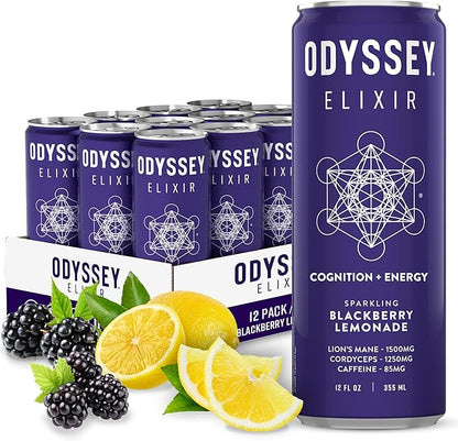 Odyssey Elixir Functional Beverage - Adaptogen Drink with Lions Mane, Cordyceps, L Theanine & Green Tea Caffeine - for Cognition, Energy & Mood Boost - 0 Added Sugar - Blackberry Lemonade - 12 Pack