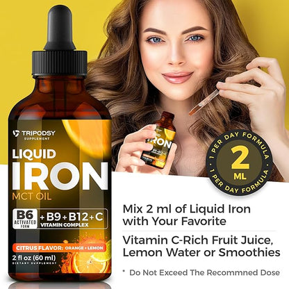 Liquid Iron Supplement for Women and Men - Iron Drops with B6, B9, B12, Vitamin C, Iron Vitamin for Anemia, Blood Builder, Folate for Red Blood Cell and Immune Support MCT Oil (2 Fl Oz, Citrus)