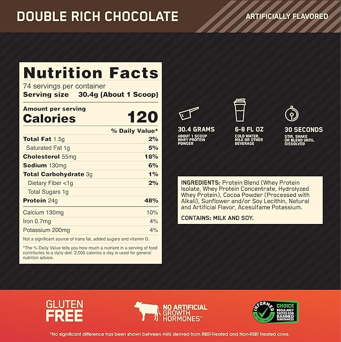 Optimum Nutrition Gold Standard 100% Whey Protein Powder, Double Rich Chocolate, 5 Pound (Packaging May Vary)