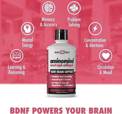 HEALTH DIRECT - AminoMind - Nootropic Collagen Supplement for Brain Health and BDNF - Pro-Hyp & Hyp-Gly Dipeptides, Coffeeberry Antioxidants - Passionfruit Guava - 14 Fl Oz (28 Servings)