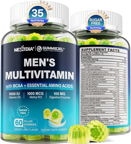 Methylated Multivitamin for Men Gummies, BCAA Amino Acids, Zinc, Vitamin A C D3 E K2 B6 B12 Biotin Calcium, Magnesium, Lycopene, Digestive Enzymes - Energy Muscle Immunity - Sugar Free, Vegan, 60 Cts