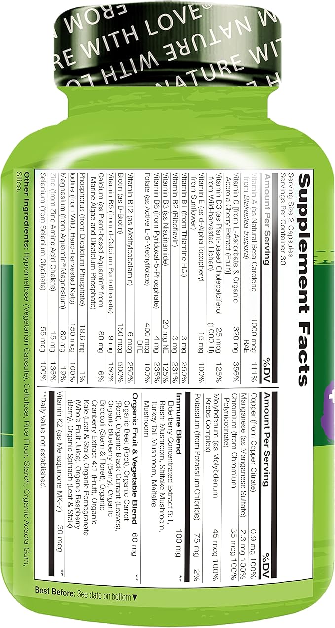 NATURELO Whole Food Multivitamin + Immune Blend with Elderberry & Mushrooms - Complete Multivitamin with Extra Immune Support - C, D3, Zinc, Elderberry, Reishi, Shitake - 60 Vegan Capsules