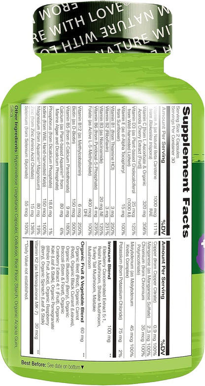 NATURELO Whole Food Multivitamin + Immune Blend with Elderberry & Mushrooms - Complete Multivitamin with Extra Immune Support - C, D3, Zinc, Elderberry, Reishi, Shitake - 60 Vegan Capsules (Pack of 2)