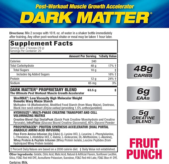 MHP Dark Matter Post Workout, Recovery Accelerator, w/Multi Phase Creatine, Waxy Maize Carbohydrate, 6g EAAs, Fruit Punch, 20 Servings, 55 Oz
