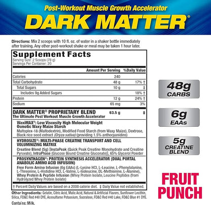 MHP Dark Matter Post Workout, Recovery Accelerator, w/Multi Phase Creatine, Waxy Maize Carbohydrate, 6g EAAs, Fruit Punch, 20 Servings, 55 Oz