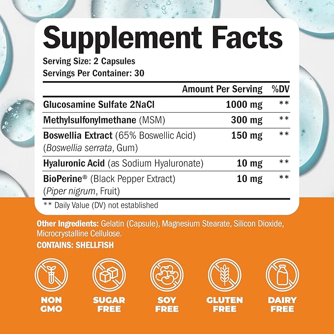 Glucosamine Sulfate with Hyaluronic Acid, Bioperine, MSM & Boswellia. 5-in-One Joint Support Supplement. Antioxidant & Inflammatory Support - Joint Health, Flexibility and Comfort. 60 Capsules