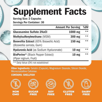 Glucosamine Sulfate with Hyaluronic Acid, Bioperine, MSM & Boswellia. 5-in-One Joint Support Supplement. Antioxidant & Inflammatory Support - Joint Health, Flexibility and Comfort. 60 Capsules