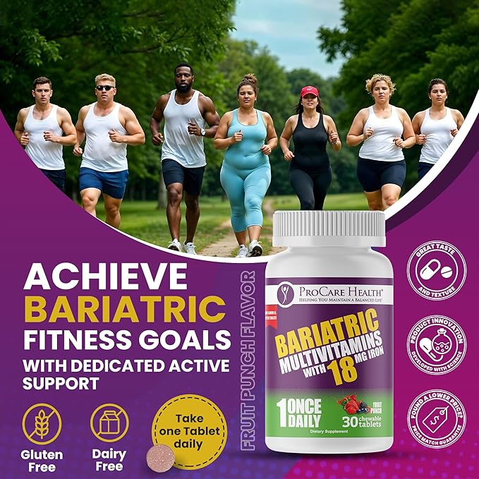 Procare Health Bariatric chewable Multivitamin with Iron 18mg (30 Tablets) - Fruit Punch Flavor Bariatric Multivitamin Chewable Pills for Gastric Bypass & Sleeve Gastrectomy Patients* (1 Month Supply)
