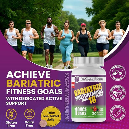 Procare Health Bariatric chewable Multivitamin with Iron 18mg (30 Tablets) - Fruit Punch Flavor Bariatric Multivitamin Chewable Pills for Gastric Bypass & Sleeve Gastrectomy Patients* (1 Month Supply)