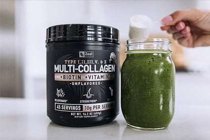 Premium Multi Collagen Peptides Protein Powder (1, 2, 3, 5 & 10) with Vitamin C, Biotin, Hyaluronic Acid, for Hair Skin and Nails - Marine, Bovine, Chicken & Eggshell (Unflavored, 45 Servings)