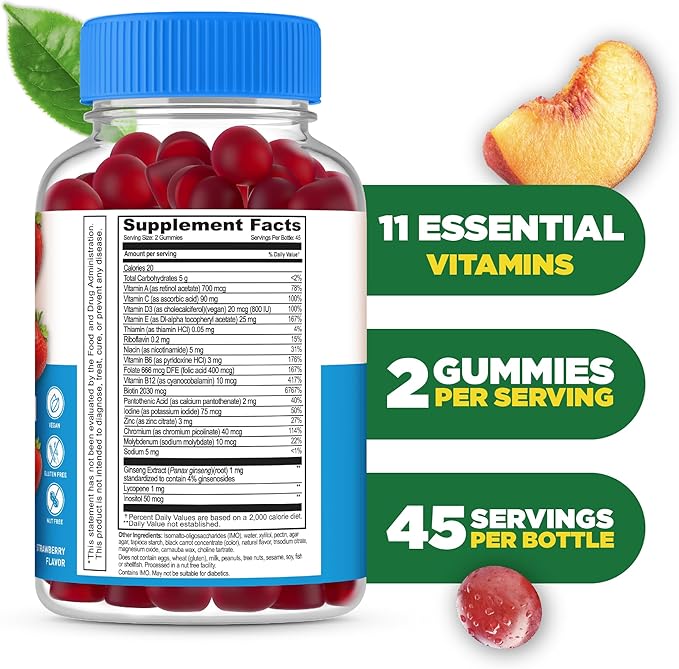 Lifeable Sugar Free Multivitamin Gummies | with Vitamin A, C, D, E, Niacin, B6, Folate, B12, Biotin, Pantothenic Acid, Iodine, Zinc | Great Tasting Adult Multivitamin Gummy | 90 Gummies
