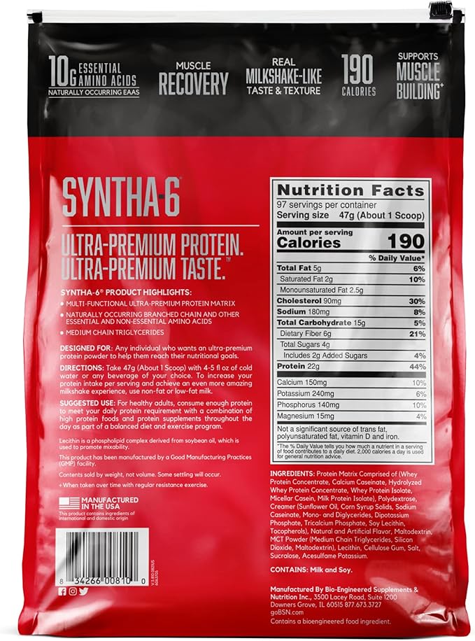 BSN SYNTHA-6 Whey Protein Powder, Vanilla Protein Powder with Micellar Casein, Milk Protein Isolate Powder, Vanilla Ice Cream, 97 Servings (Package May Vary)