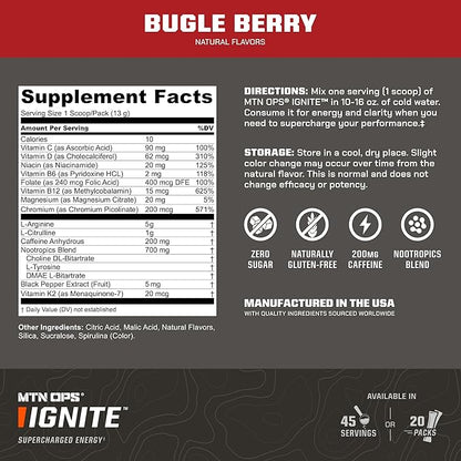 MTN OPS Ignite Energy Drink Powder, Gluten Free Nitric Oxide Supplement Drink Mix, L Arginine, L Citrulline, Caffeine & Nootropic Sugar Free Drink Mix, 45 Servings, Bugle Berry