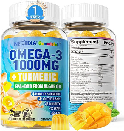 Vegan Omega-3 Gummies 1000mg + Turmeric - Omega 3 Fish Oil Alternative for Adults - Algae Omega DHA 600mg & EPA 300mg, Vitamins A, C, E, Zinc & MSM - Mobility, Immune, Eye & Brain, Sugar Free, 60 Cts
