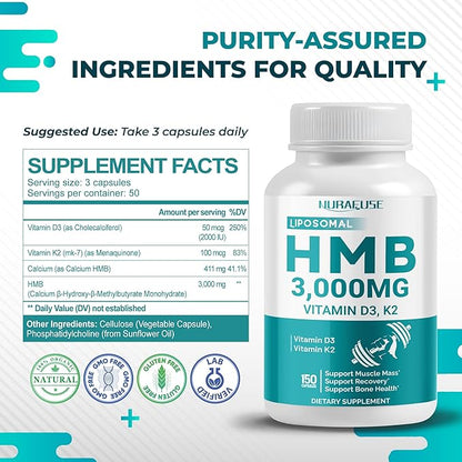 Liposomal HMB 3000mg with Vitamin D3, K2 - Support Muscle Mass, Recovery, Bone Health - Made and Tested in The USA