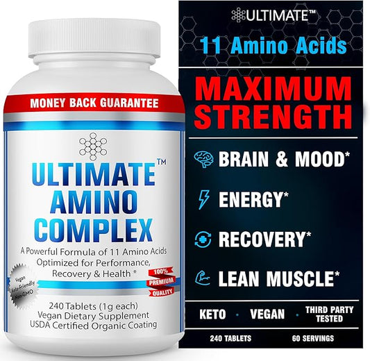 Ultimate Amino Complex Supplement - 240 Easy-to-Swallow, Flavorless 1g Tablets - All 9 Essential Amino Acids Plus Cystine & Tyrosine - 2:1:1 BCAA Ratio - Increase Energy & Muscle - Vegan & Non-GMO