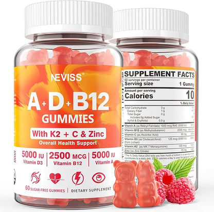 Methylated Multivitamin Women Men, Vitamin D3 K2 5000IU / 10,000IU, B12 5000 mcg 2500mcg, K2 (MK-7) 240mcg- ADK+Methyl Vitamin B12, Vegan D3,Vitamin A,C,Zinc Eye,Bone,Energy,Immune, Sugar-Free Gummies