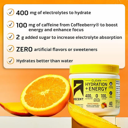 Ascent Clean Hydration + Energy Electrolytes Powder - 100mg Caffeine, 400mg Electrolytes, No Artificial Ingredients, Orange Mango 40 Servings