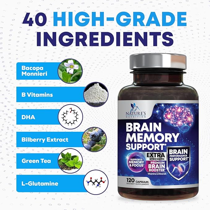 Nootropic Brain Supplements for Memory and Focus - 40 Nootropics & Vitamins to Support Clarity & Concentration, Brain Health Memory Pills with Phosphatidylserine Bacopa Huperzine & DMAE - 120 Capsules