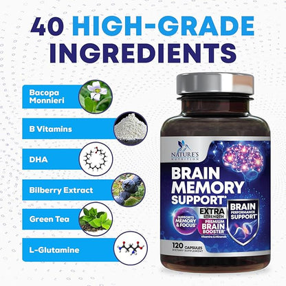 Nootropic Brain Supplements for Memory and Focus - 40 Nootropics & Vitamins to Support Clarity & Concentration, Brain Health Memory Pills with Phosphatidylserine Bacopa Huperzine & DMAE - 120 Capsules
