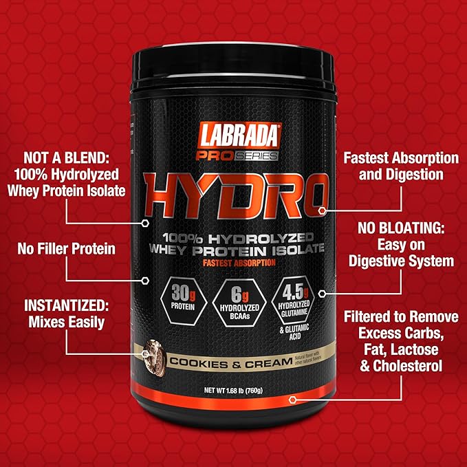 Labrada Hydro 100% Pure Hydrolyzed Whey Protein Isolate Powder, Lactose free, 6g BCAA’s, 4.5g Glutamine, Fastest Digesting Whey Available, Instant Mixing, Delicious Taste 20 Servings (Cookies & Cream)