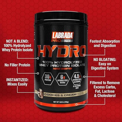 Labrada Hydro 100% Pure Hydrolyzed Whey Protein Isolate Powder, Lactose free, 6g BCAA’s, 4.5g Glutamine, Fastest Digesting Whey Available, Instant Mixing, Delicious Taste 20 Servings (Cookies & Cream)