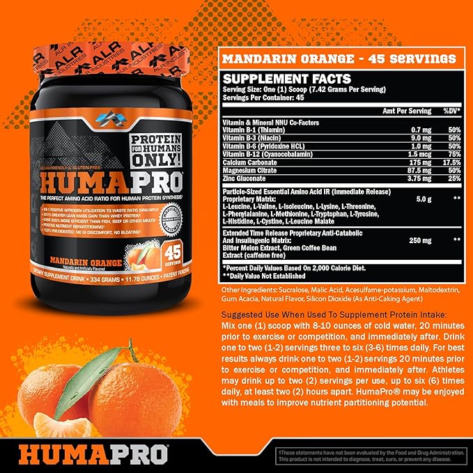 Humapro | Amino Acids Protein Matrix for Humans | 99% Utilization for Lean Muscle | Vegan, Gluten Free | 334g / 45 Servings (Mandarin Orange)