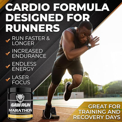 6AM Run Marathon, Pre Workout Powder for Distance Running, High Energy Amino Formula, for Cardio and Stamina, No Jitters, All Natural, Keto, Vegan, Peach Mango Flavor, 40 Servings