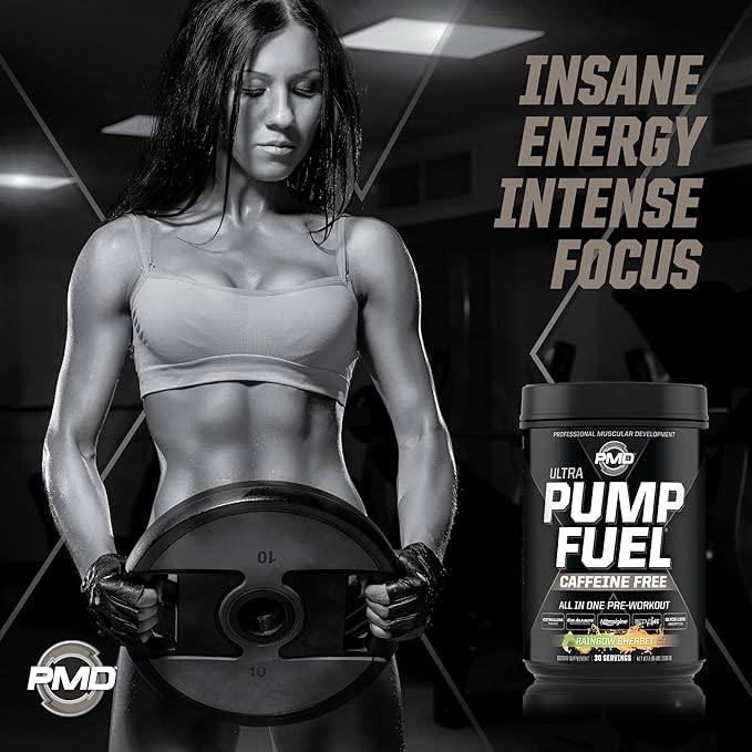 PMD Sports Ultra Pump Fuel Caffeine Free - Pre Workout Drink Mix - Energy, Strength, Endurance, Recovery Complex Carbohydrates and Amino Energy - Rockin Rainbow Sherbet (30 Servings)