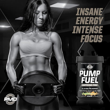 PMD Sports Ultra Pump Fuel Caffeine Free - Pre Workout Drink Mix - Energy, Strength, Endurance, Recovery Complex Carbohydrates and Amino Energy - Rockin Rainbow Sherbet (30 Servings)